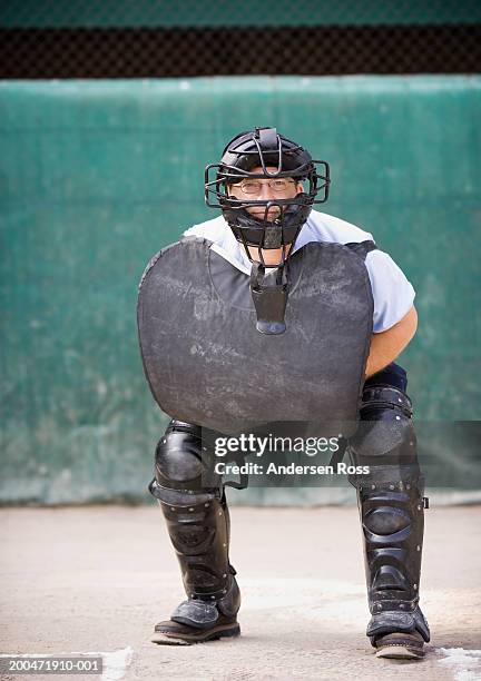 baseball umpire crouching behind home plate, portrait - baseball behind home plate stock pictures, royalty-free photos & images