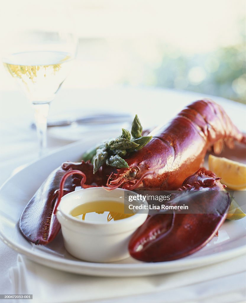 Lobster and melted butter on plate