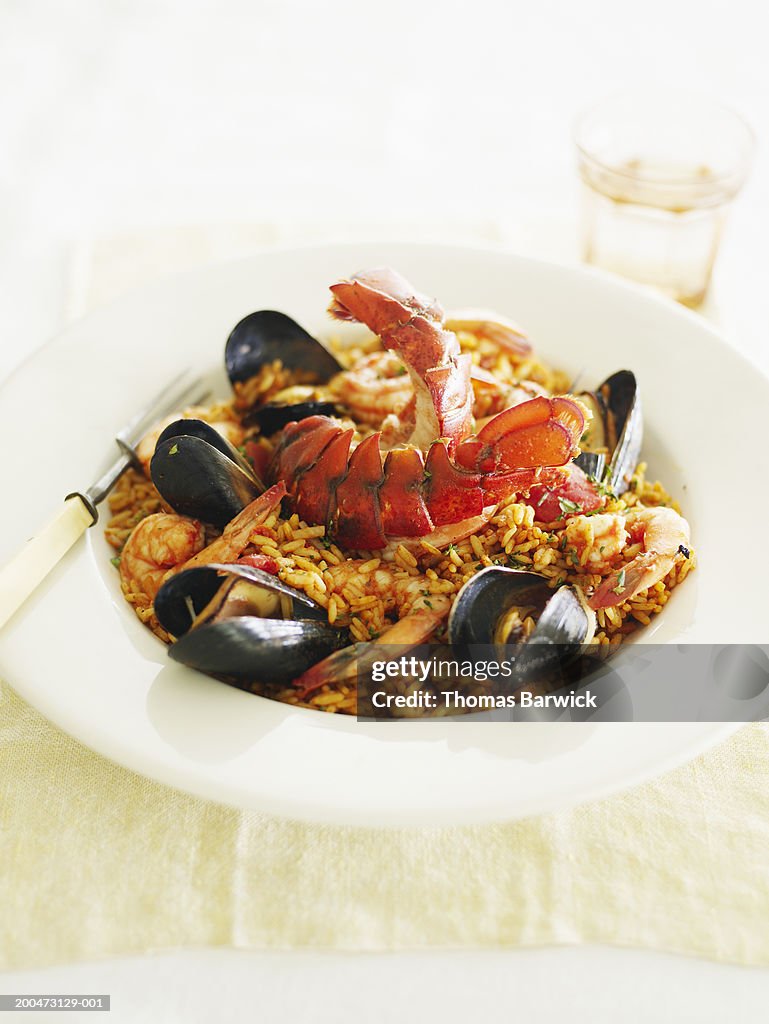 Seafood paella with lobster, prawns and mussels, elevated view