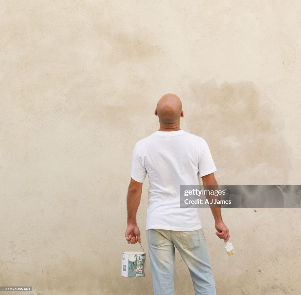 Male painter looking at wall, rear view