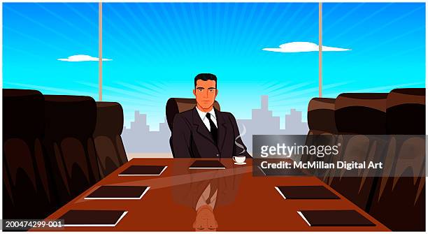 businessman sitting at conference table - conference table stock illustrations
