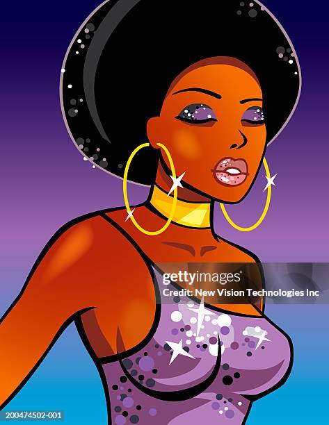 illustrations, cliparts, dessins animés et icônes de young woman with afro wearing hoop earrings, eyes closed - coiffure afro