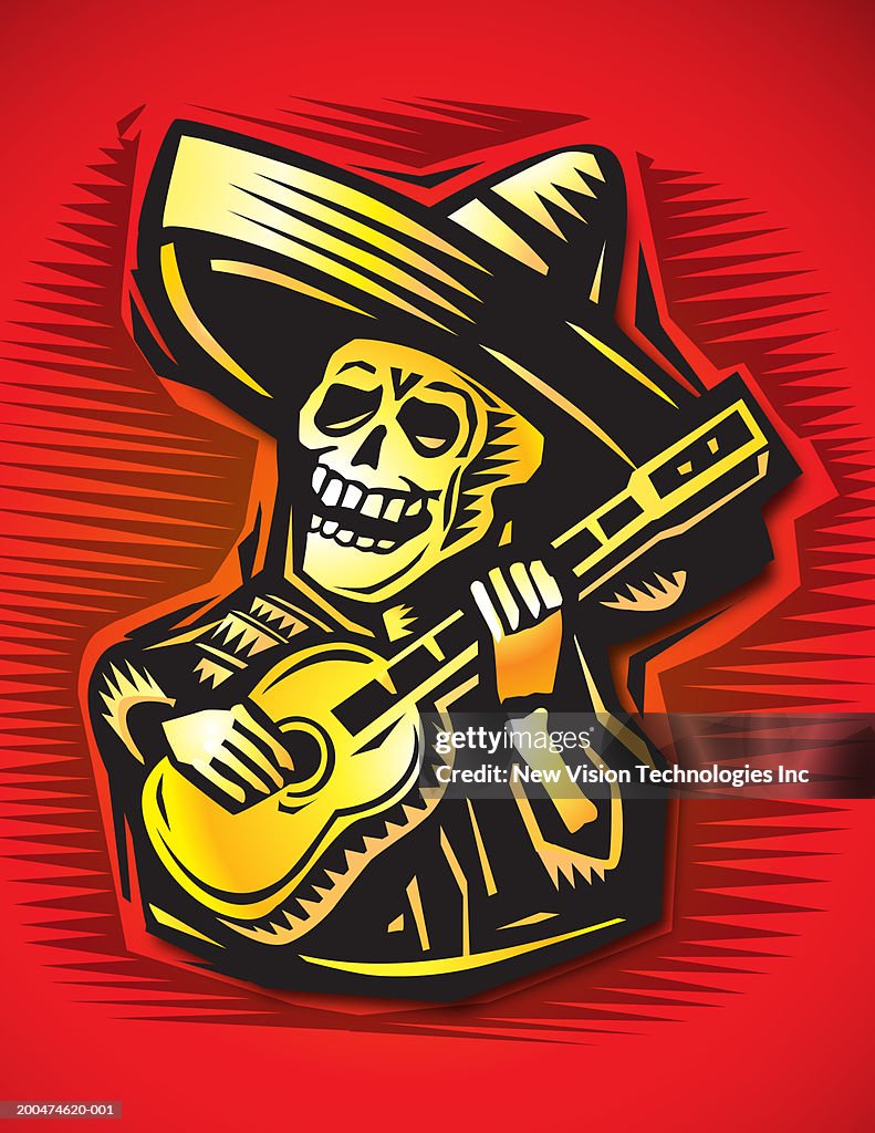 Skeleton wearing sombrero and playing guitar