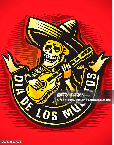 'dia de los muertos' banner with skeleton in sombrero playing guitar - dia de muertos stock illustrations