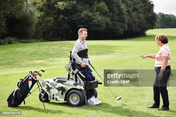sports, person with disability and people for golf in game, match and competition on golfing course. recreation, personal trainer and woman and man with club for training, fitness and field practice - championship round two stock pictures, royalty-free photos & images