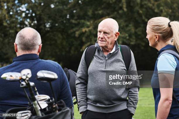 people, team and golf course or talking sport for coaching challenge for target decision, health or training. men, woman and clubs for hobby recreation or together for workout, weekend or playing - championship day three stock pictures, royalty-free photos & images