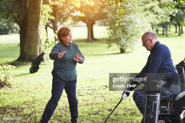 golfer handicap, game and old man with coach outdoor on green of course for training or recreation. summer, learning or sports and personal trainer teaching senior person with disability on golf cart - active seniors golf stock pictures, royalty-free photos & images