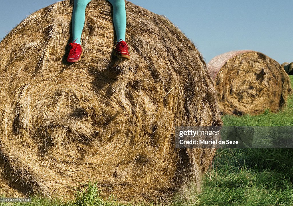 Girl (7-9) sitting on hay bale in field, low section