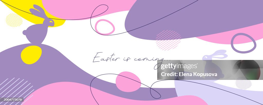 Easter celebration concept in modern style. Easter bunnies and Easter eggs on an abstract color background. Easter spring background for festive decoration.