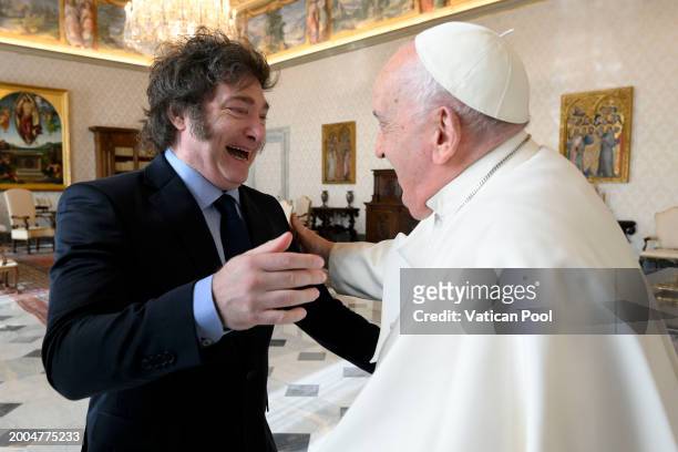 Pope Francis meets with Argentina's President Javier Milei during an audience at the Apostolic Palace on February 12, 2024 in Vatican City, Vatican....