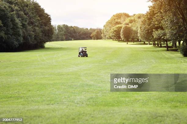 golf course, cart and driving field for sport competition at country club for fitness, tournament or training. grass, trees and nature or exercise transport for outdoor workout, recreation or hobby - championship day one stock pictures, royalty-free photos & images