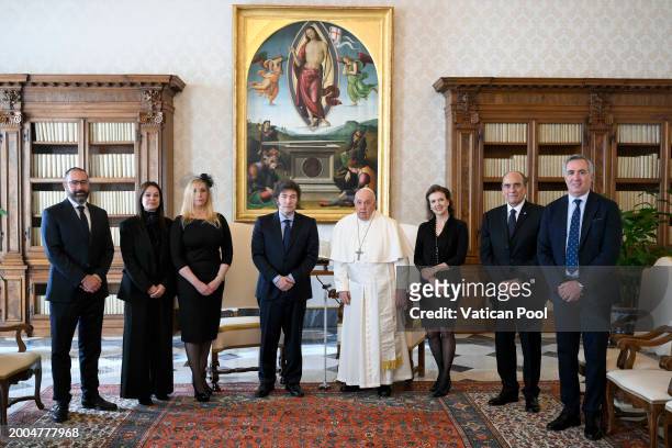 Pope Francis meets with Argentina's President Javier Milei, his sister Karina Elizabeth Milei and delegation during an audience at the Apostolic...