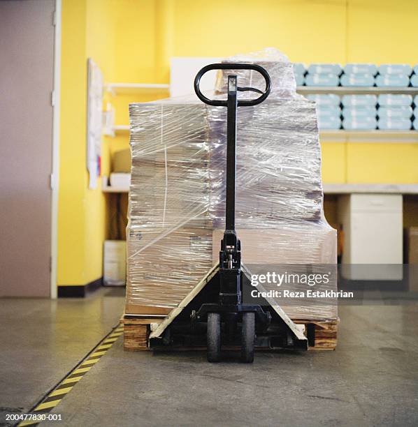 pallette with plastic wrapped boxes - polyäthylen stock-fotos und bilder