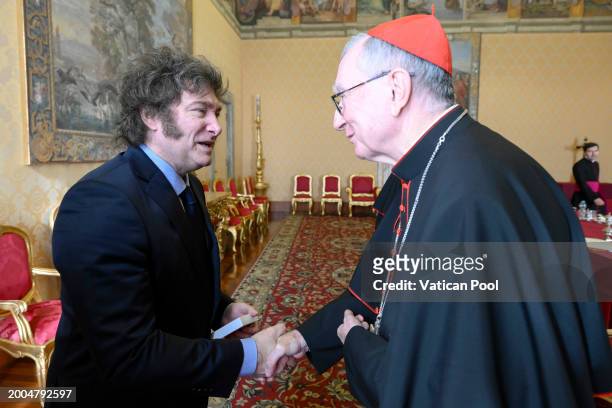 Vatican Secretary of State cardinal Pietro Parolin meets with Argentina's President Javier Milei during an audience at the Apostolic Palace on...