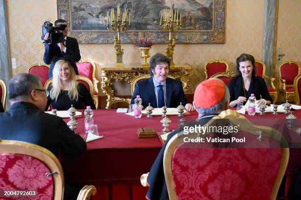 Vatican Secretary of State cardinal Pietro Parolin meets with Argentina's President Javier Milei and his sister Karina Elizabeth Milei during an...
