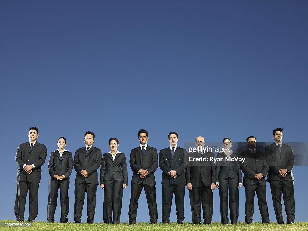 Business executives standing in row on field