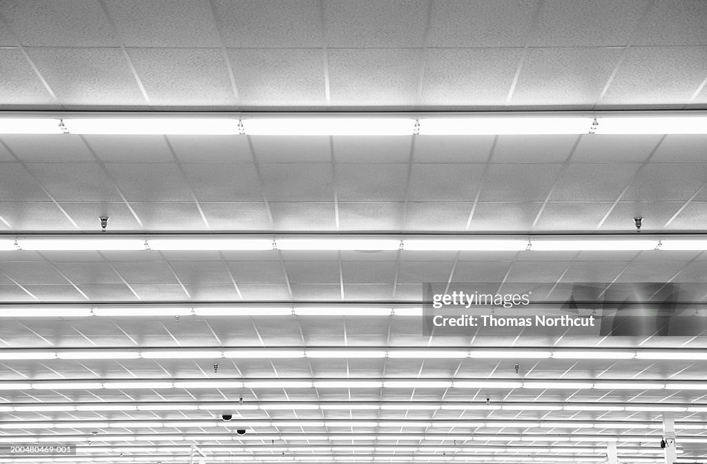 Fluorescent lights on ceiling, low angle view