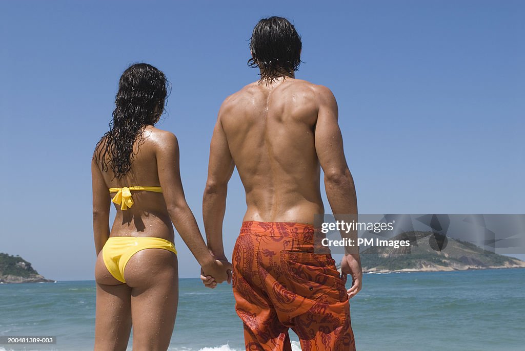 Young couple holding hands at beach, rear view
