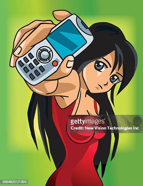 ilustraciones, imágenes clip art, dibujos animados e iconos de stock de woman holding cell phone - anime