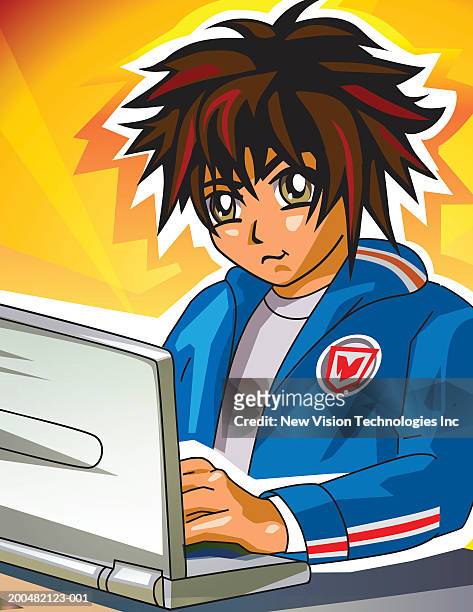 ilustraciones, imágenes clip art, dibujos animados e iconos de stock de young man using laptop - anime