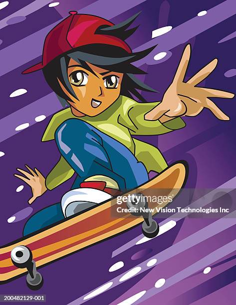 stockillustraties, clipart, cartoons en iconen met young male skateboarder in midair, low angle view - stekeltjeshaar