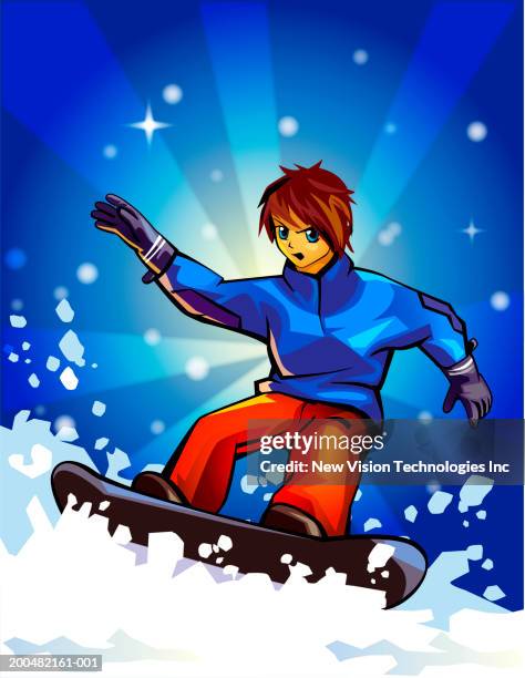young man snowboarding, low angle view - low angle portrait stock illustrations