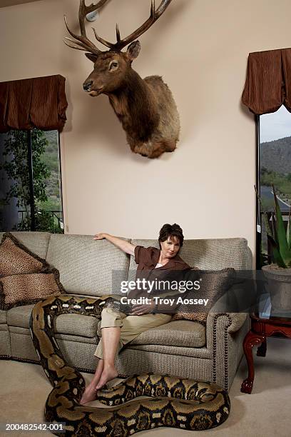 mature woman with python sitting on couch in living room - kriechtier stock-fotos und bilder