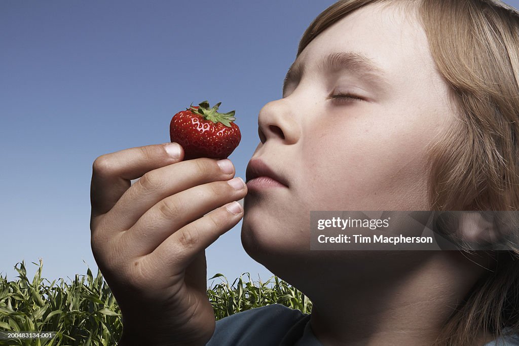 Boy (6-8) smelling strawberry, outdoors, close-up (Digital Composite)