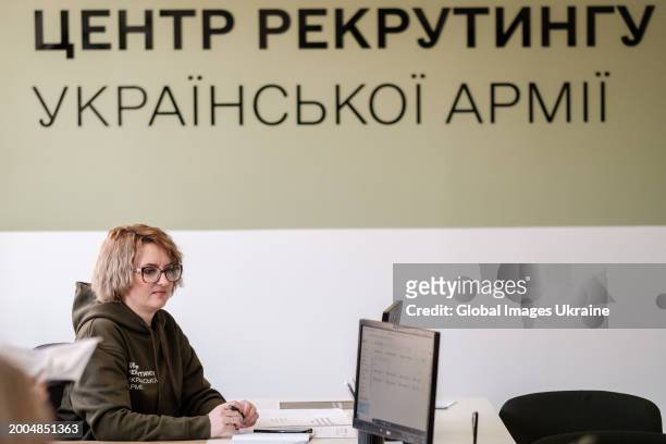 Worker of the recruiting centre of Ukrainian Army is seen during the opening of the centre on February 12, 2024 in Lviv, Ukraine. Ministry of...