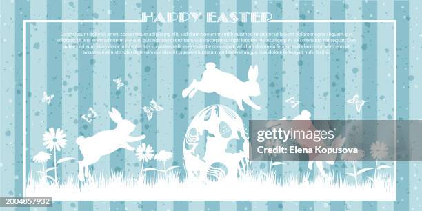 easter celebration concept in retro style. easter bunnies and easter eggs in the grass with butterflies. easter spring card with place for text. - easter pattern stock illustrations