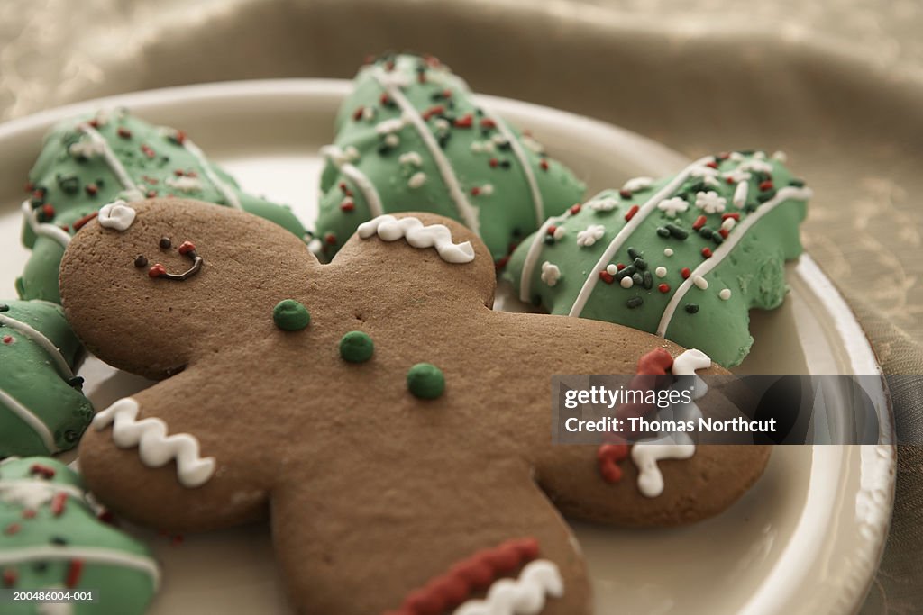 Gingerbread man and Christmas cookies on plate, elevated view
