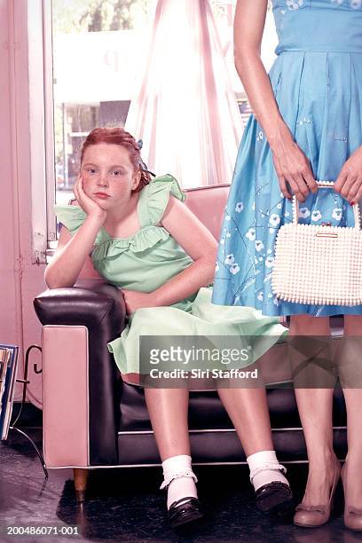 girl (10-12) waiting in beauty salon - vintage mother and child stock pictures, royalty-free photos & images