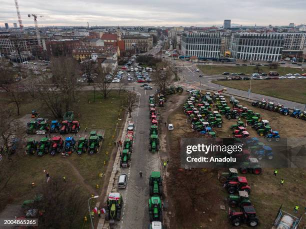 An aerial view of hundreds of tractors as Polish farmers take part in a protest against the EU Green Deal and the import of Ukrainian grain in...