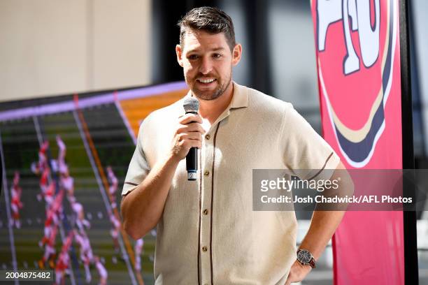 Hawthorn development coach and former NFL punter and AFL footballer, Arryn Siposs speaks during the Super Bowl Live Site/ VIP Party at Marvel Stadium...