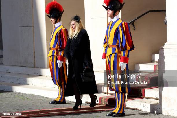 Karina Elizabeth Milei, sister of Argentina's President Javier Milei, leaves the Apostolic Palace after an audience with Pope Francis on February 12,...
