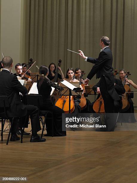conductor leading orchestra - orchester stock-fotos und bilder