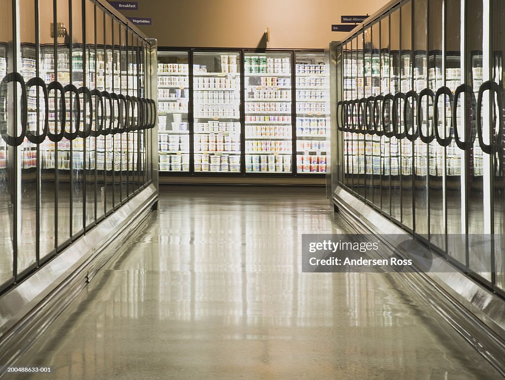 Frozen food aisle in grocery store