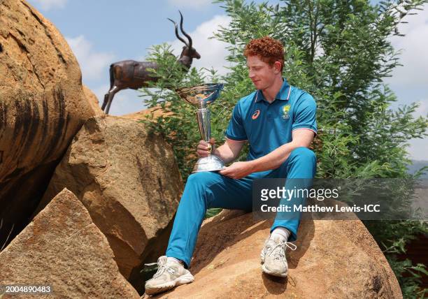 Hugh Weibgren, Captain of Australia pictured with the ICC U19 Men's Cricket trophy after the ICC U19 Men's Cricket World Cup South Africa 2024 Final...