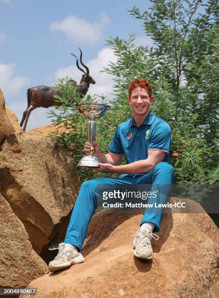 Hugh Weibgren, Captain of Australia pictured with the ICC U19 Men's Cricket trophy after the ICC U19 Men's Cricket World Cup South Africa 2024 Final...