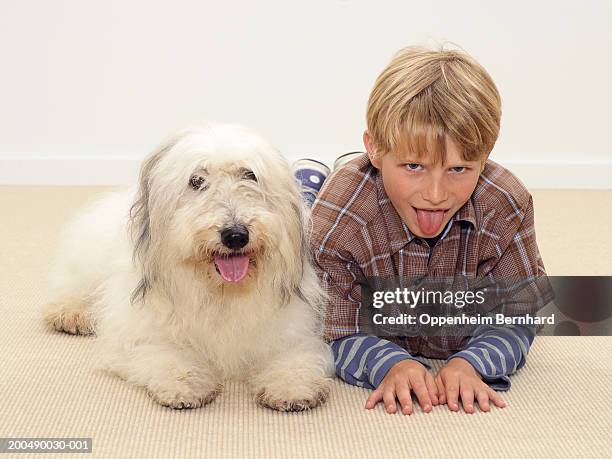 boy (8-10) lying on floor beside dog, tongues hanging out - copying - fotografias e filmes do acervo