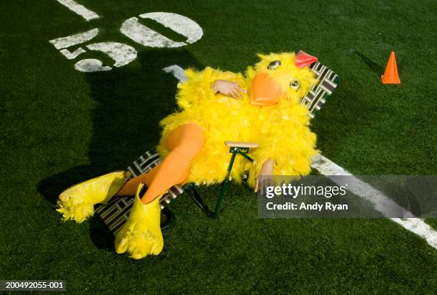 american football yellow bird mascot sitting in sunlounger on pitch - mascot stock pictures, royalty-free photos & images