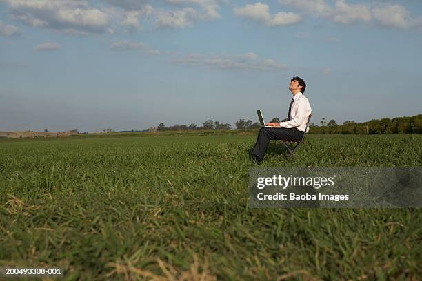 businessman sitting in field, using laptop, side view - profile laptop sitting stock-fotos und bilder