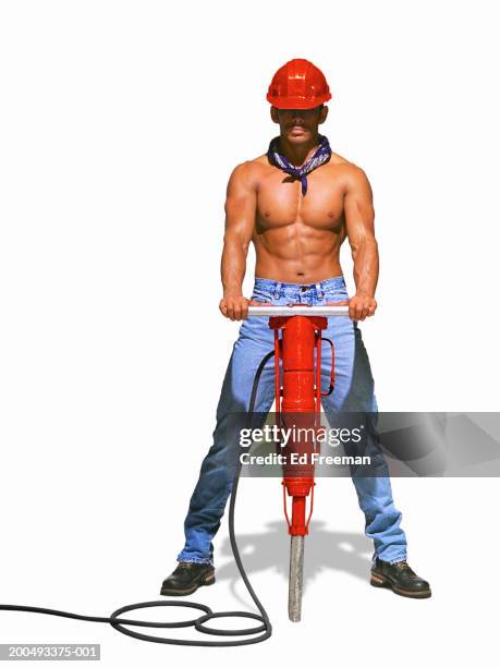 bare chested man with jackhammer (digital enhanvcement) - hard hat white background ストックフォトと画像