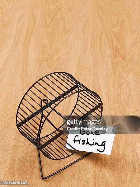 hamster wheel with 'gone fishing' sign on wooden floor, close-up - gone fishing sign stock pictures, royalty-free photos & images