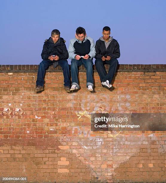 three boys sitting on wall using mobile phones, low angle view - 3 teenagers mobile outdoors stock-fotos und bilder