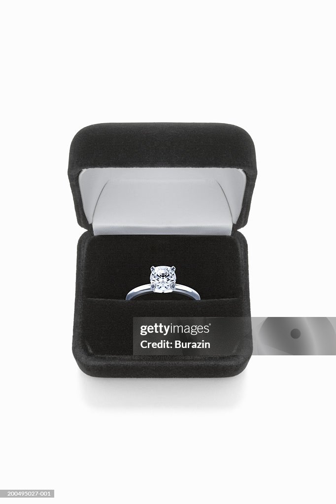 Diamond ring in box, against white background, close-up