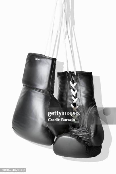 boxing gloves hanging against white background, close-up - boxing gloves foto e immagini stock