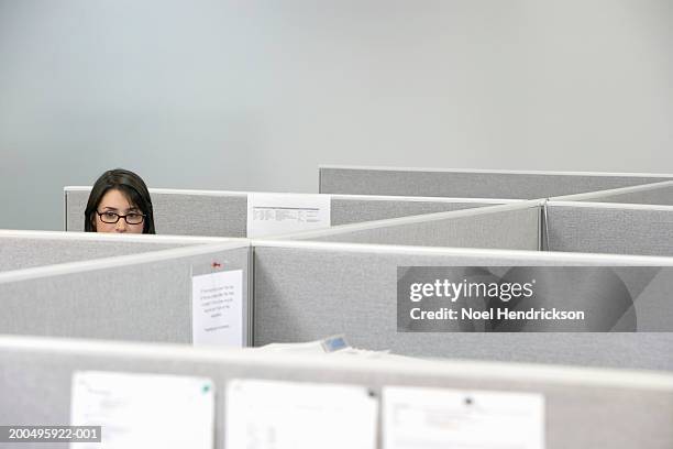 young businesswoman sitting in cubicle, high section - cubicle foto e immagini stock