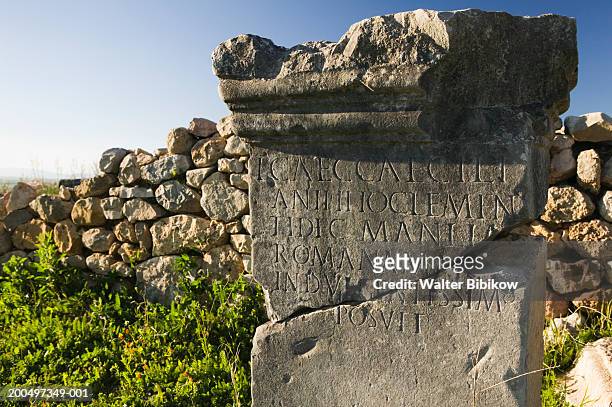 morocco, volubilis, roman ruins, inscription - moulay idriss morocco photos et images de collection