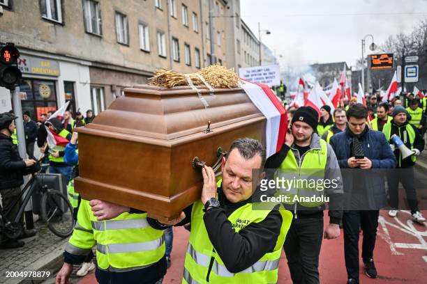 Polish farmers take part in a protest against the EU Green Deal and the import of Ukrainian grain in Wroclaw, Poland on February 15, 2024. Since...